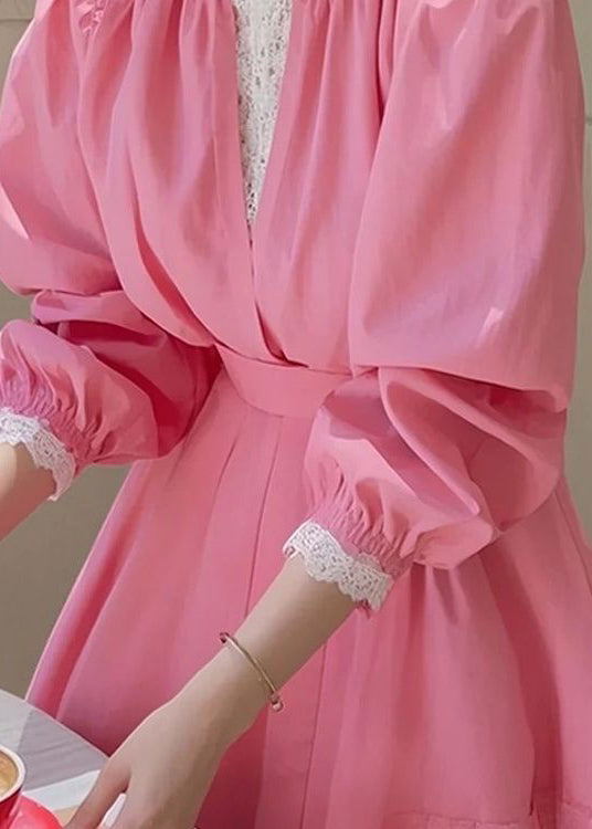Fit Cotton Blouse Slim Fall Pink Patchwork Lace FashionChic