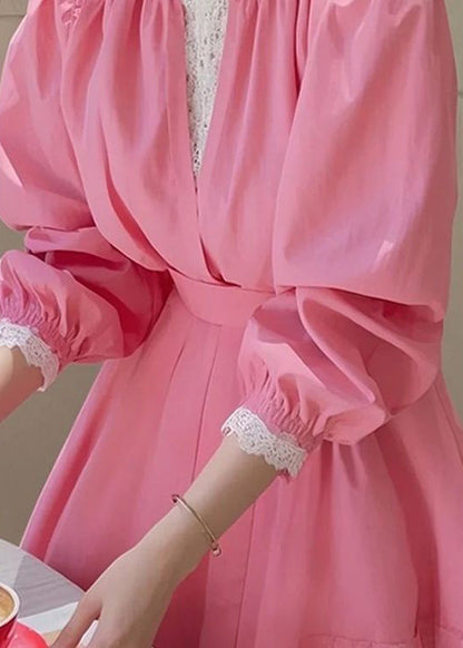 Fit Cotton Blouse Slim Fall Pink Patchwork Lace FashionChic