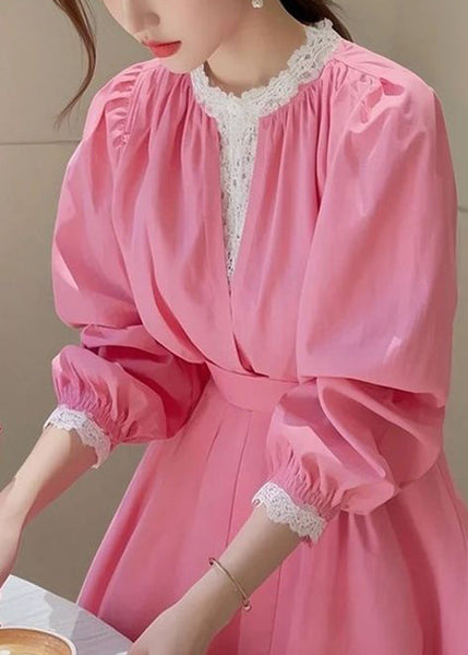 Fit Cotton Blouse Slim Fall Pink Patchwork Lace FashionChic