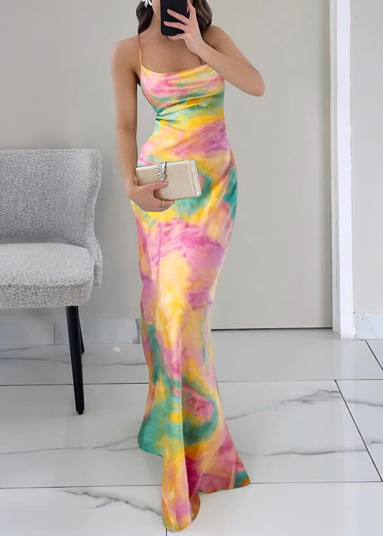 High Sleeveless Print Dress Waist Strap Slim Spaghetti Pink Fit FashionChic