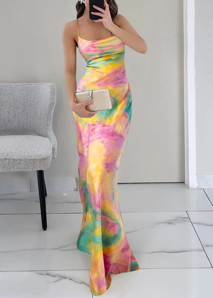 High Sleeveless Print Dress Waist Strap Slim Spaghetti Pink Fit FashionChic