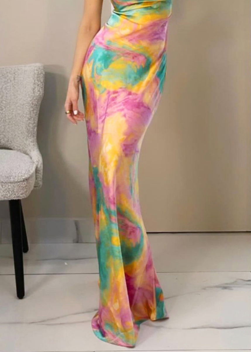 High Sleeveless Print Dress Waist Strap Slim Spaghetti Pink Fit FashionChic