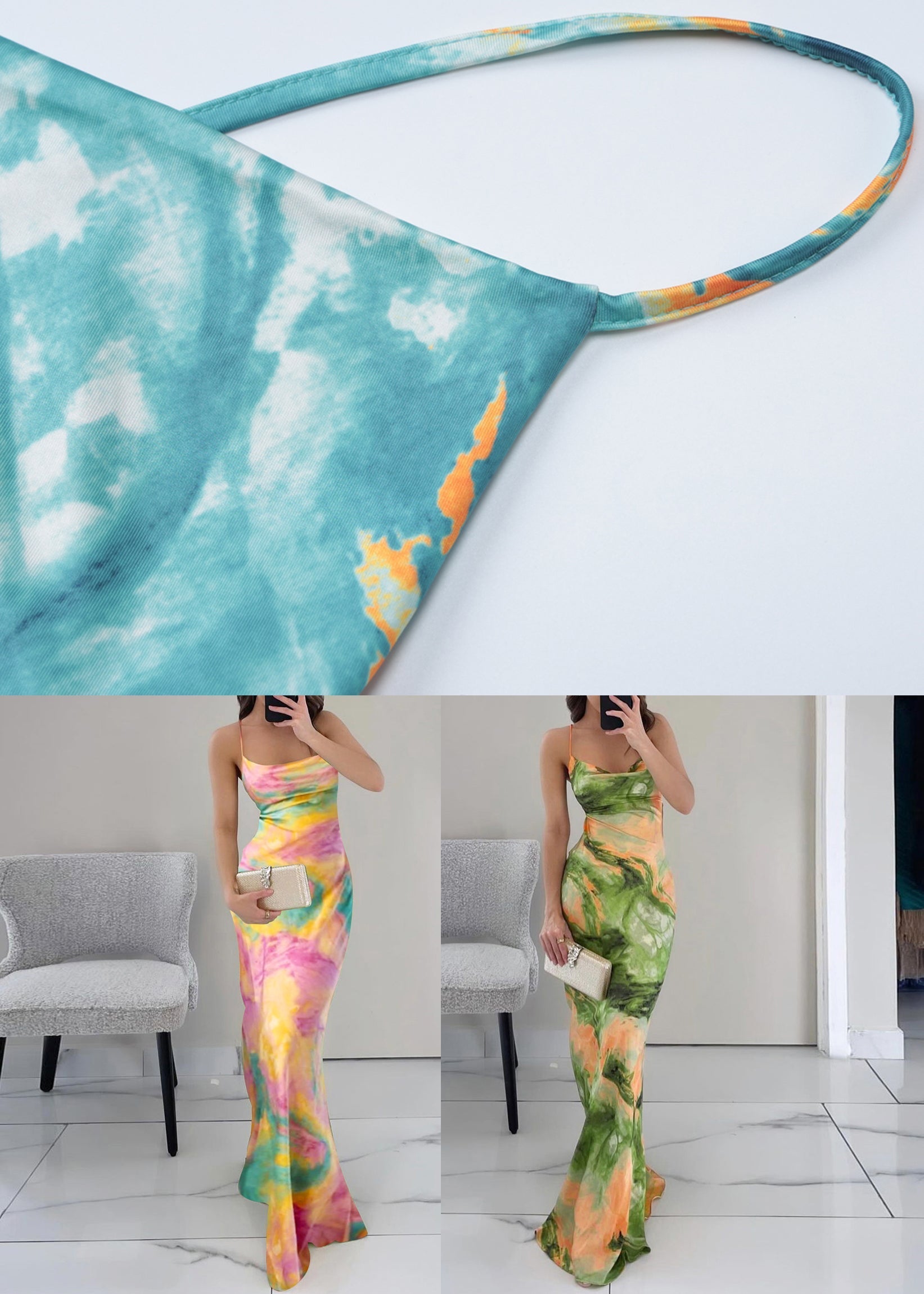 High Sleeveless Print Dress Waist Strap Slim Spaghetti Pink Fit FashionChic