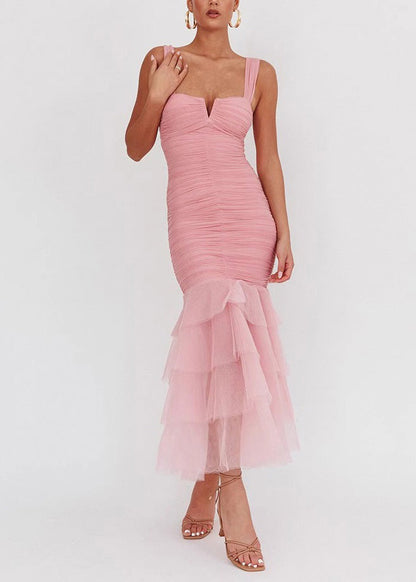 Tulle Sleeveless Wrinkled Long Patchwork Fit Slim Dress Pink FashionChic