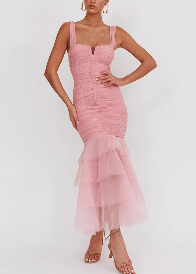 Tulle Sleeveless Wrinkled Long Patchwork Fit Slim Dress Pink FashionChic