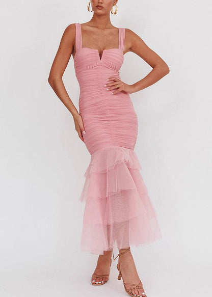 Tulle Sleeveless Wrinkled Long Patchwork Fit Slim Dress Pink FashionChic