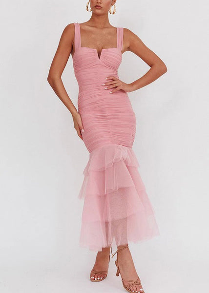 Tulle Sleeveless Wrinkled Long Patchwork Fit Slim Dress Pink FashionChic