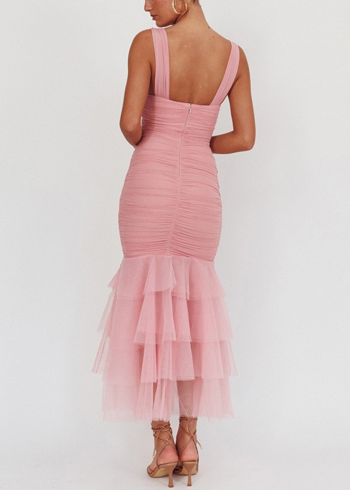 Tulle Sleeveless Wrinkled Long Patchwork Fit Slim Dress Pink FashionChic