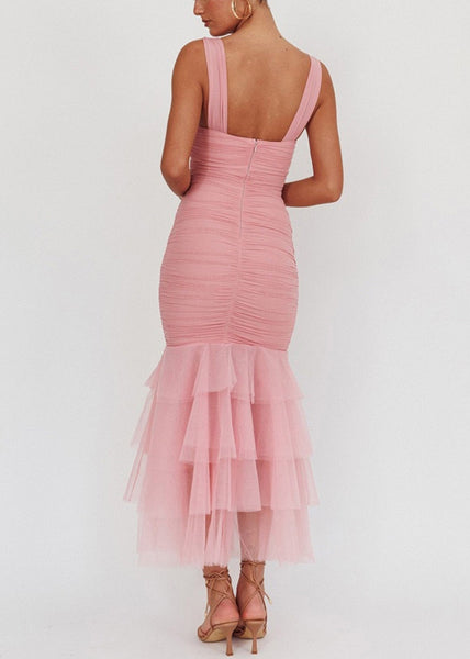 Tulle Sleeveless Wrinkled Long Patchwork Fit Slim Dress Pink FashionChic