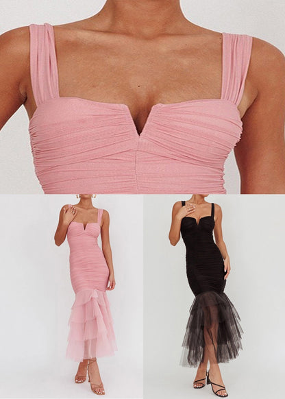 Tulle Sleeveless Wrinkled Long Patchwork Fit Slim Dress Pink FashionChic
