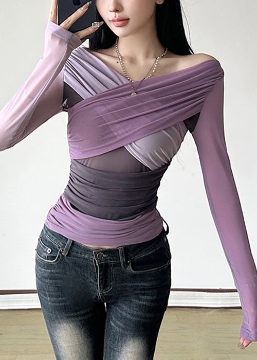 Asymmetrical Shirts Tulle T Patchwork Fit Slim Purple Spring FashionChic