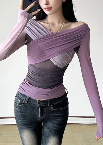 Asymmetrical Shirts Tulle T Patchwork Fit Slim Purple Spring FashionChic