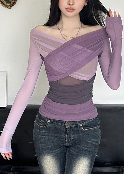 Asymmetrical Shirts Tulle T Patchwork Fit Slim Purple Spring FashionChic