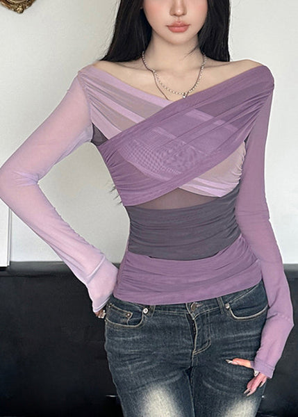 Asymmetrical Shirts Tulle T Patchwork Fit Slim Purple Spring FashionChic