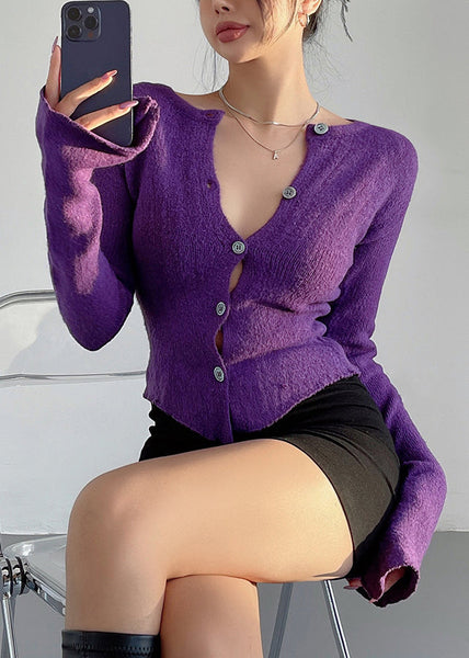 Slim Fit Purple Button Solid Knit Cardigan Flare Sleeve AL1055 Genistyle Shop