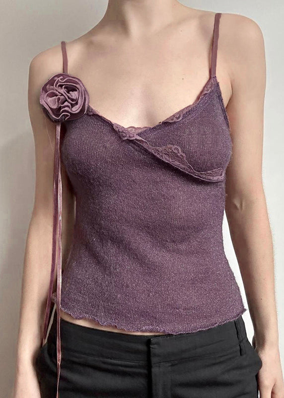 Slim Floral Purple Knitting Vest Cotton Spaghetti Lace Strap Fit FashionChic