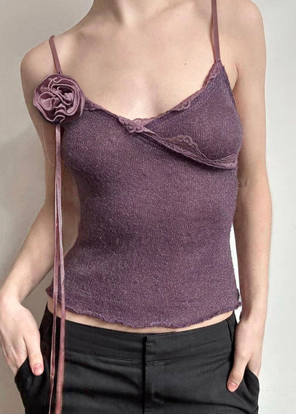 Slim Floral Purple Knitting Vest Cotton Spaghetti Lace Strap Fit FashionChic