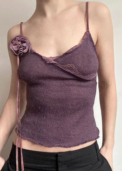 Slim Floral Purple Knitting Vest Cotton Spaghetti Lace Strap Fit FashionChic