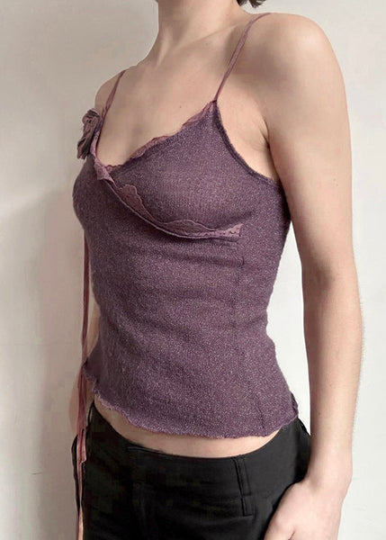 Slim Floral Purple Knitting Vest Cotton Spaghetti Lace Strap Fit FashionChic