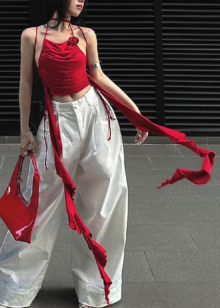 Slim Fit Red Asymmetrical Wrinkled Cotton Tank Sleeveless YZ066 ABC