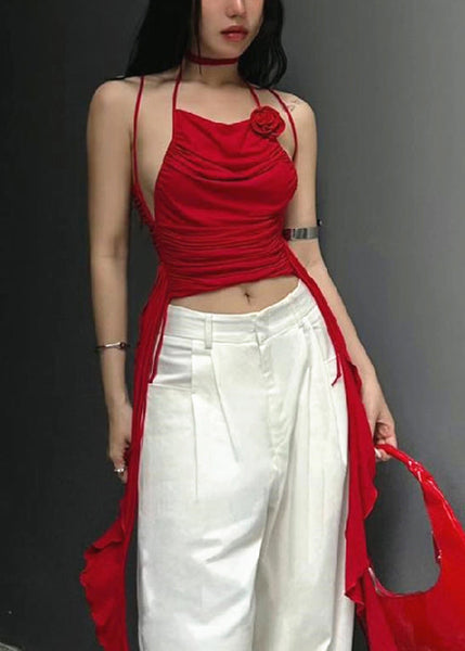 Slim Fit Red Asymmetrical Wrinkled Cotton Tank Sleeveless YZ066 ABC