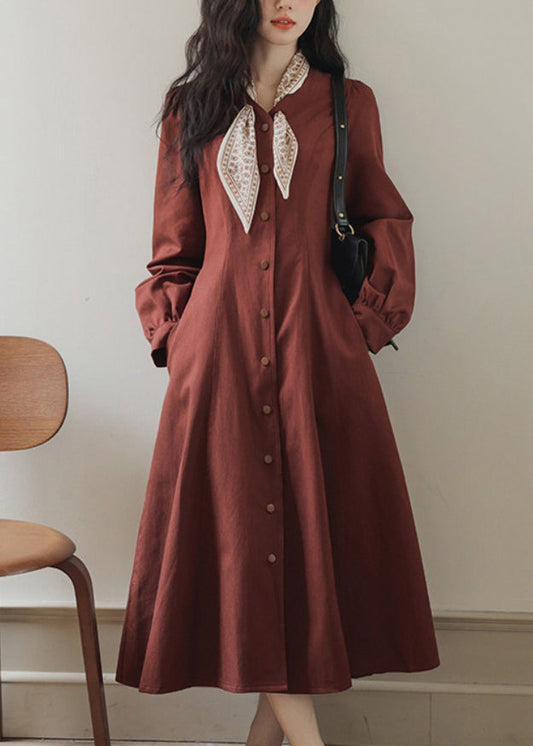 Red Slim Maxi Button Pockets Dress Spring Fit Bow FashionChic