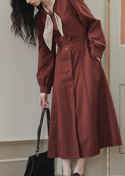 Red Slim Maxi Button Pockets Dress Spring Fit Bow FashionChic