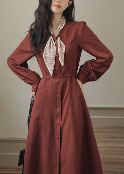 Red Slim Maxi Button Pockets Dress Spring Fit Bow FashionChic