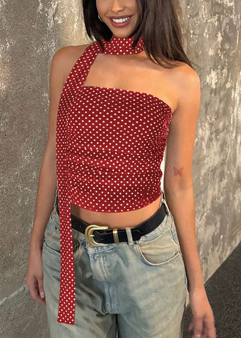 Cotton Bow Fit Dot Slim Sleeveless Red Vest FashionChic