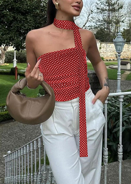 Cotton Bow Fit Dot Slim Sleeveless Red Vest FashionChic