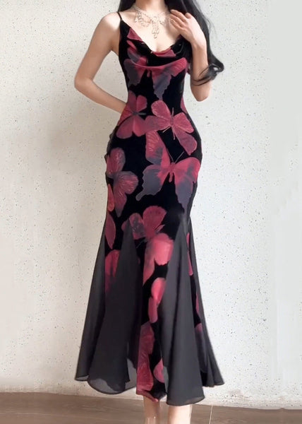 Slim Fit Red Butterfly Print Chiffon Spaghetti Strap Dress Sleeveless WW1021 Ada Fashion