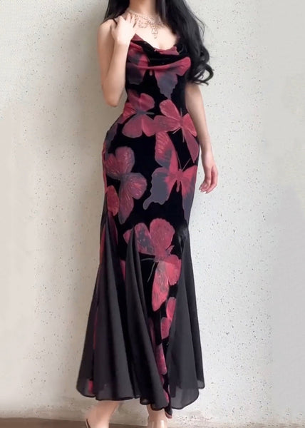 Slim Fit Red Butterfly Print Chiffon Spaghetti Strap Dress Sleeveless WW1021 Ada Fashion