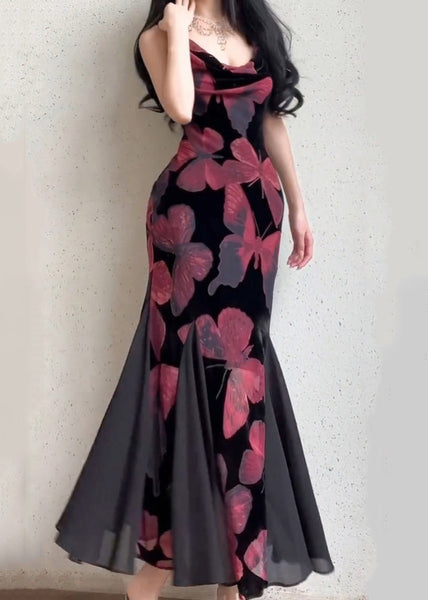 Slim Fit Red Butterfly Print Chiffon Spaghetti Strap Dress Sleeveless WW1021 Ada Fashion