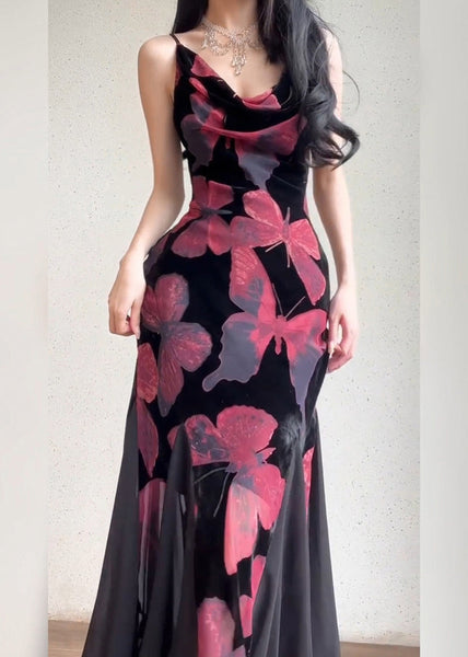 Slim Fit Red Butterfly Print Chiffon Spaghetti Strap Dress Sleeveless WW1021 Ada Fashion