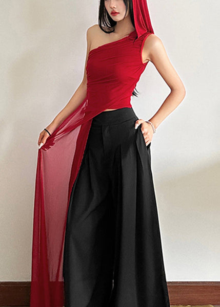 Fit Slim Asymmetrical Shoulder One Shirt Red Sleeveless Tulle FashionChic
