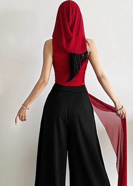 Fit Slim Asymmetrical Shoulder One Shirt Red Sleeveless Tulle FashionChic