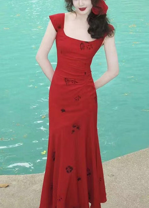 Slim Fit Red Square Collar Print Cotton Long Dress Summer XX006 SH-LF-SDL240611