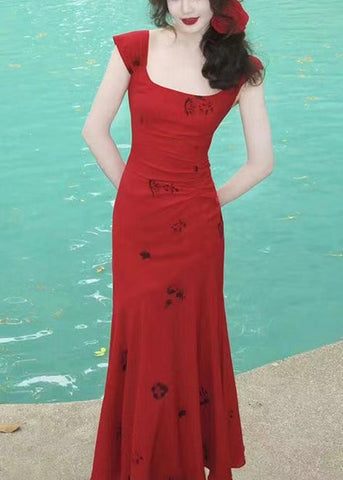 Slim Fit Red Square Collar Print Cotton Long Dress Summer XX006 SH-LF-SDL240611