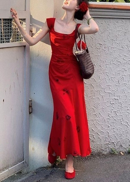 Slim Fit Red Square Collar Print Cotton Long Dress Summer XX006 SH-LF-SDL240611