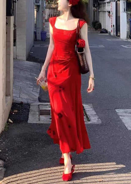 Slim Fit Red Square Collar Print Cotton Long Dress Summer XX006 SH-LF-SDL240611