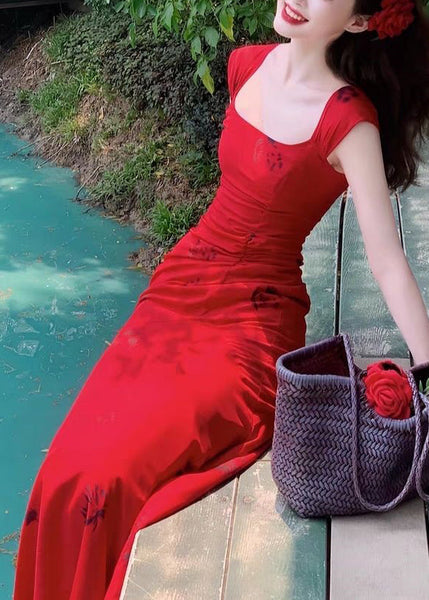 Slim Fit Red Square Collar Print Cotton Long Dress Summer XX006 SH-LF-SDL240611