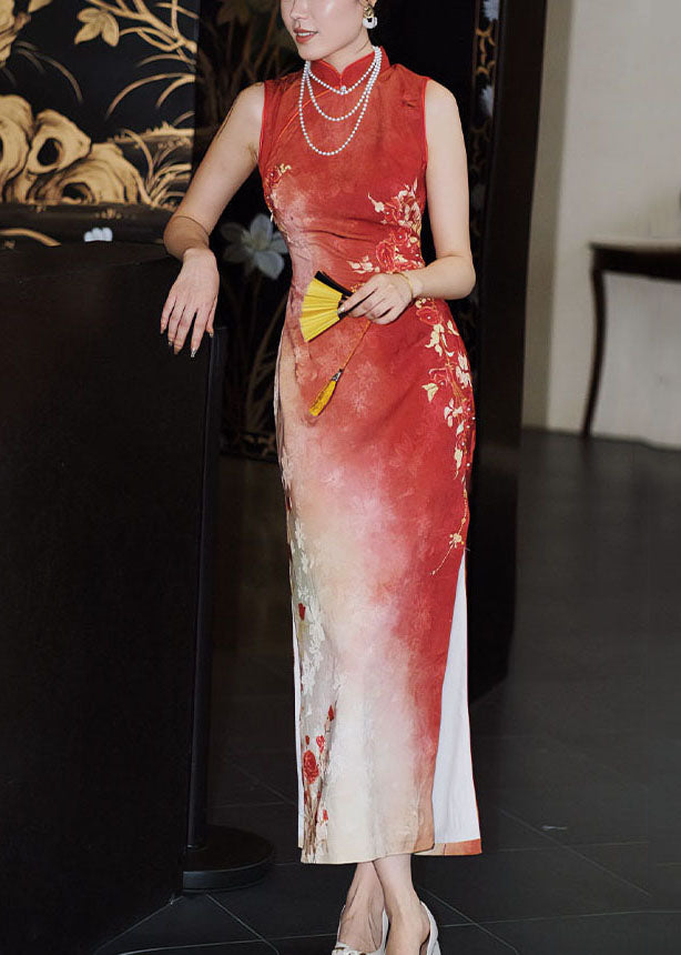 Long Dresses Fit Red Print Open Collar Stand Side Slim Silk FashionChic