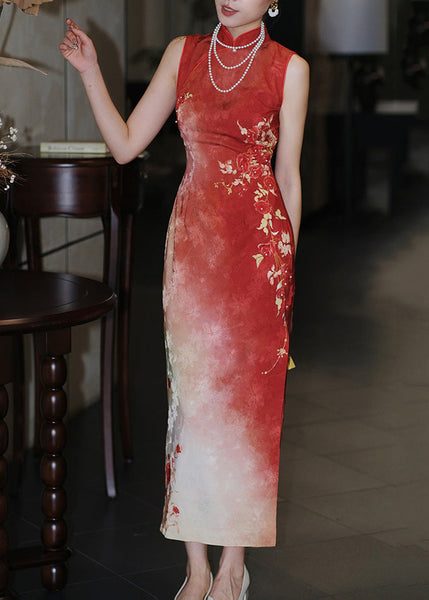 Long Dresses Fit Red Print Open Collar Stand Side Slim Silk FashionChic