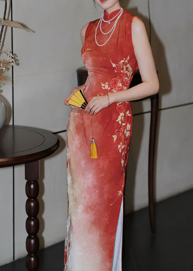 Long Dresses Fit Red Print Open Collar Stand Side Slim Silk FashionChic