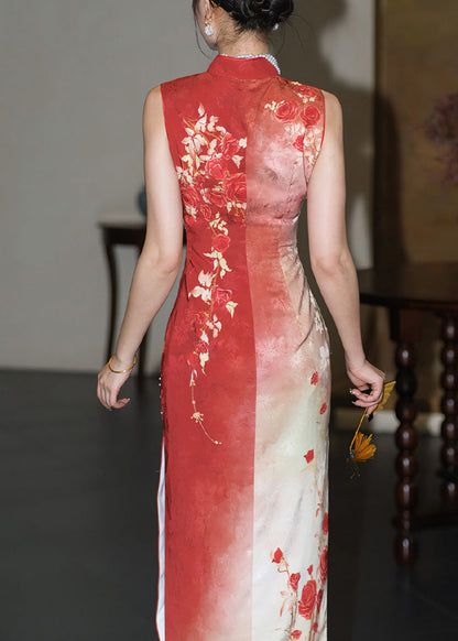 Long Dresses Fit Red Print Open Collar Stand Side Slim Silk FashionChic