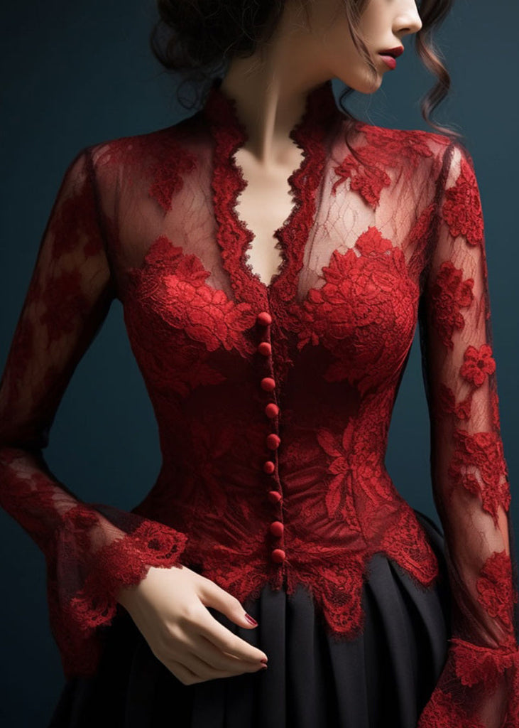 Slim Fit Red V Neck Hollow Out Lace Top Flare Sleeve AL1041 Genistyle Shop