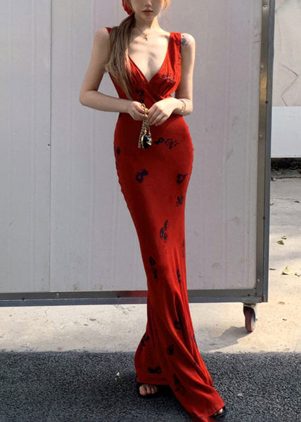 Sleeveless Dresses Print Lace Up V Red Neck Slim Fit Cotton Maxi FashionChic