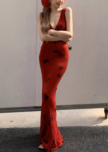 Sleeveless Dresses Print Lace Up V Red Neck Slim Fit Cotton Maxi FashionChic