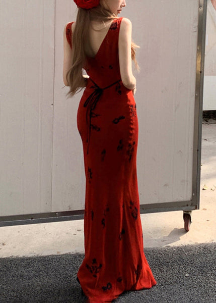 Sleeveless Dresses Print Lace Up V Red Neck Slim Fit Cotton Maxi FashionChic