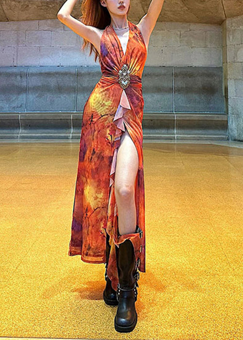 Slim Fit Red V Neck Print Side Open Cotton Dress Sleeveless KK083 SH-LF-SDL240602